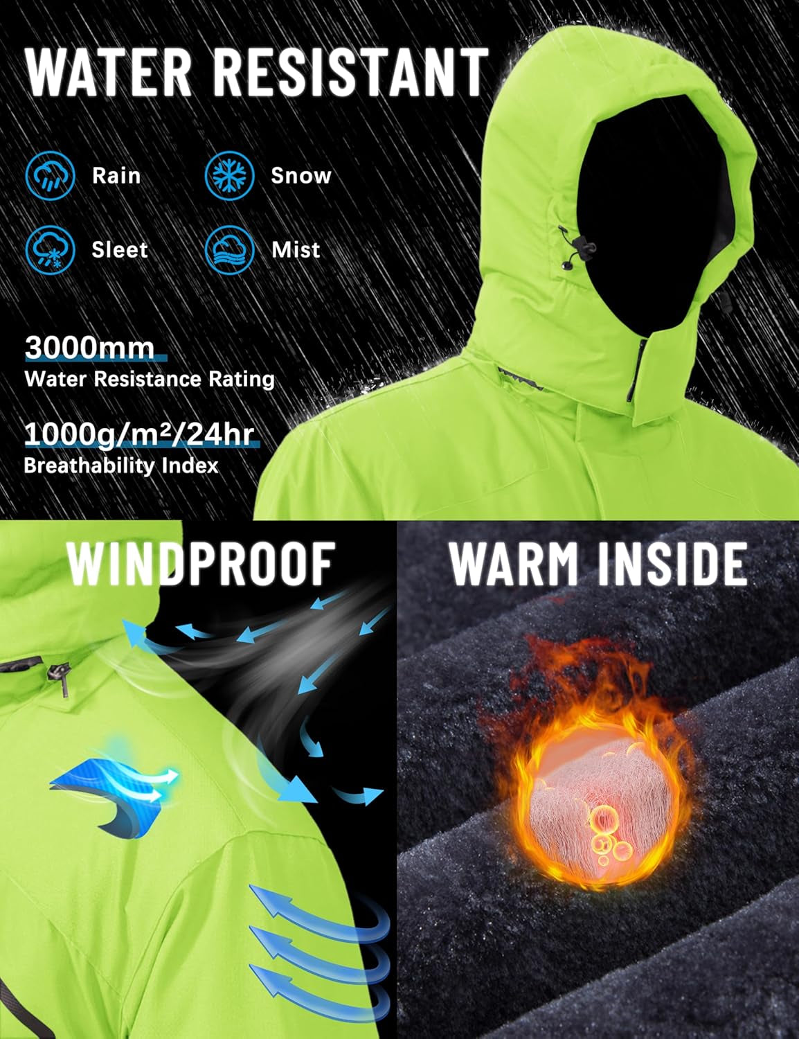 Men'S Winter Skiing Jackets Water Resistant Fleece Coats Insulated Thermal Snowboard Jacket Parka Raincoat with Hood