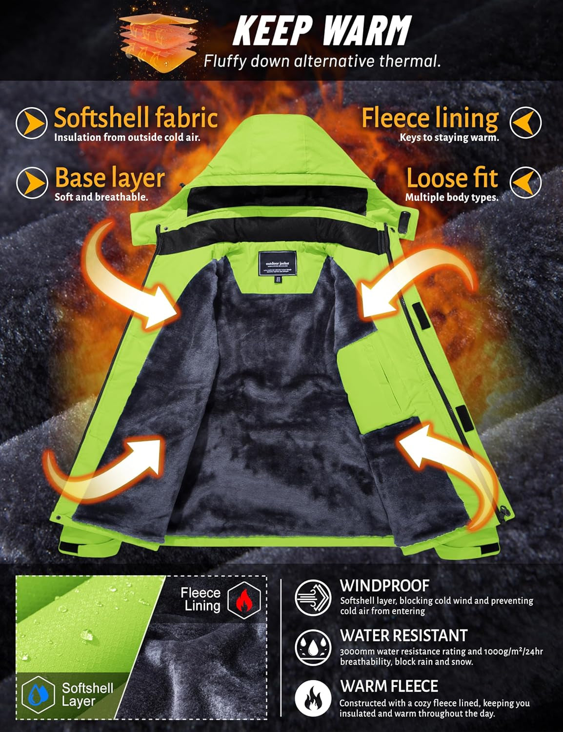 Men'S Winter Skiing Jackets Water Resistant Fleece Coats Insulated Thermal Snowboard Jacket Parka Raincoat with Hood