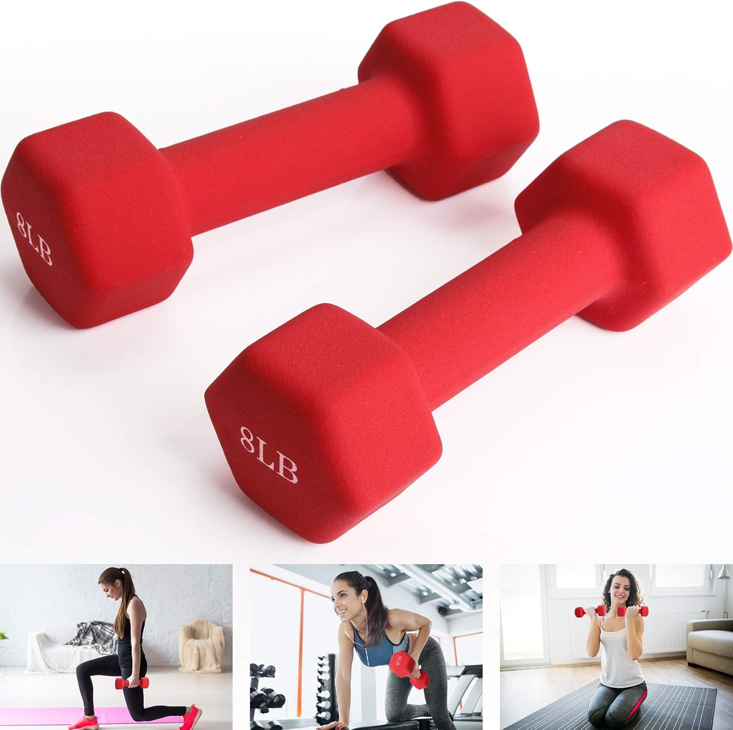 Dumbbell Set, 8Lb Pair Neoprene Coated Iron Dumbbells Hand Weights Set Barbell Exercise Fitness Hex Dumb Bell Free Weight Dumbbell for Women Men Home Gym Workout Strength Bodybuilding Training