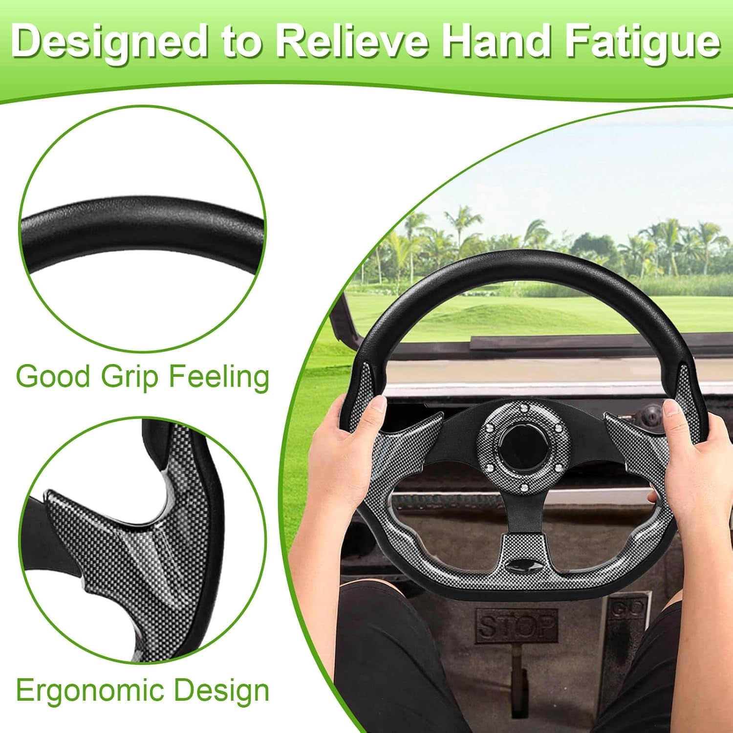 Golf Cart Steering Wheel for EZGO Txt/Rxv/Valor/Marathon, Club Car Ds/Precedent/Onward/Tempo and Yamaha G2-G29 Drive Carts with Racing D-Shape Comfortable Grip Ergonomic Design Precise Steering.