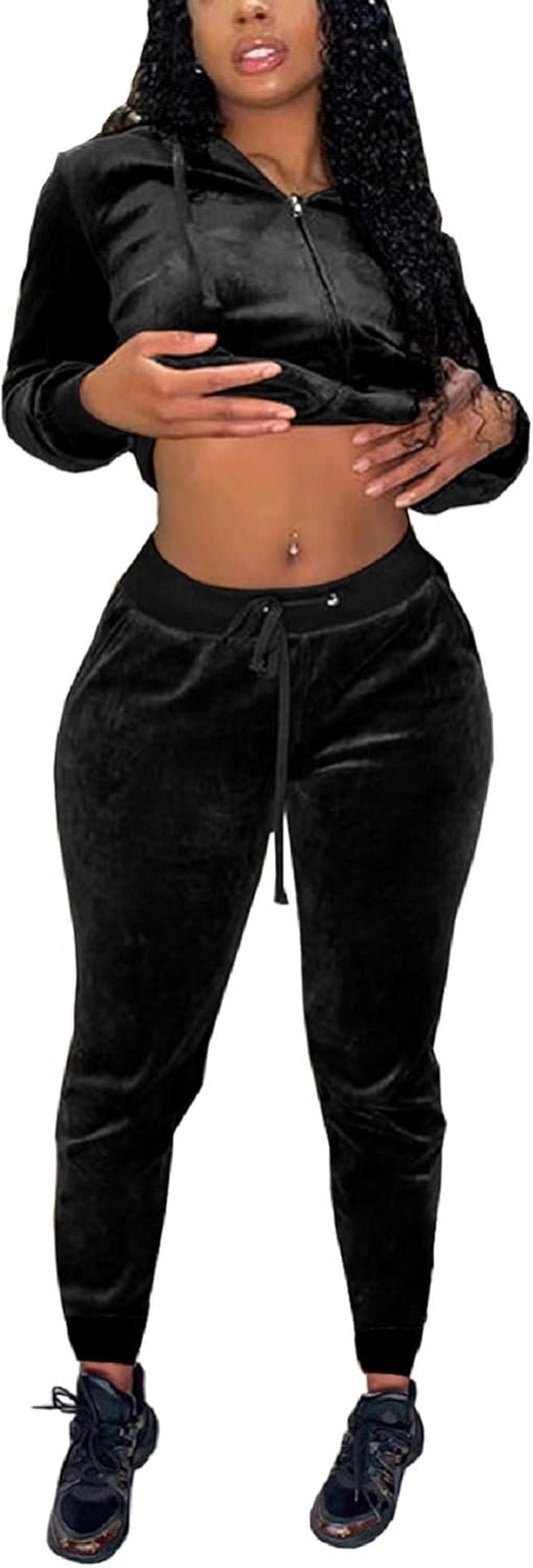 Women'S Velour Hooded Two Piece Outfits Jacket Drawstring Pants Sport Bodycon Jogging Set Tracksuit with Pockets Black S