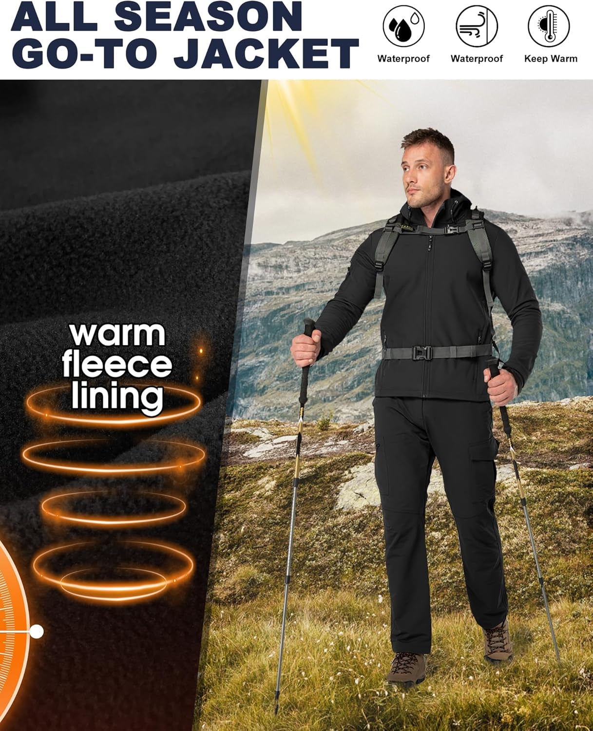 Men'S Hooded Softshell Jacket Waterproof Lightweight Insulated Windbreaker Fleece Lined Rain Shell Jacket