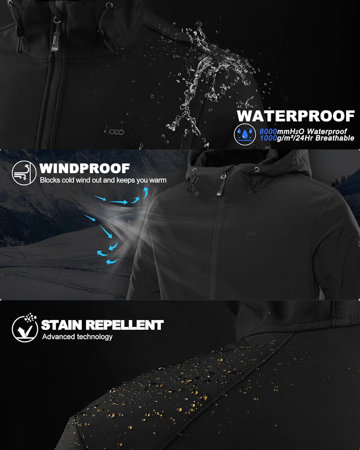 Men'S Hooded Softshell Jacket Waterproof Lightweight Insulated Windbreaker Fleece Lined Rain Shell Jacket